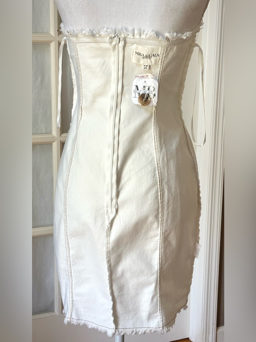 NWT Mika & Gala Strapless Mini Dress Ivory Fringe Button Detail M - Picture 13 of 13